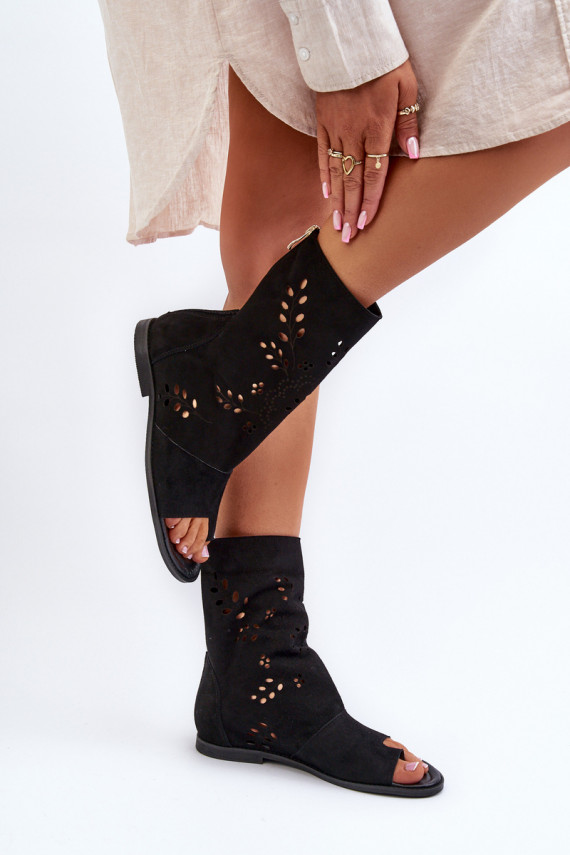 Zazoo 3437 Women's Suede Sandals With Zippered Shaft Black