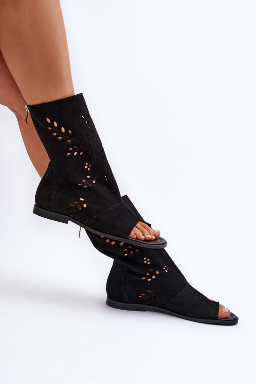 Zazoo 3437 Women's Suede Sandals With Zippered Shaft Black