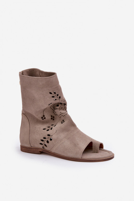 Zazoo 3437 Women's Suede Sandals With Zipper Beige