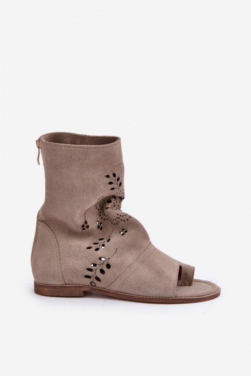Zazoo 3437 Women's Suede Sandals With Zipper Beige