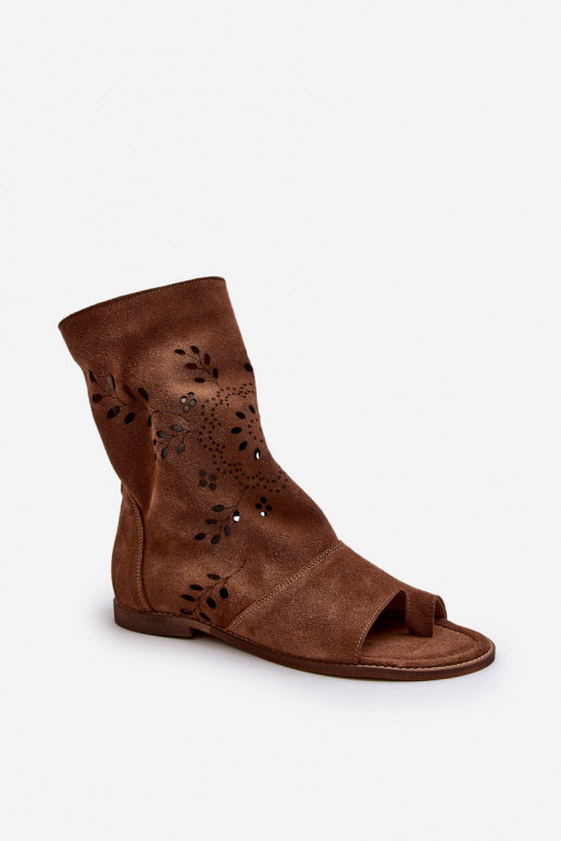 Zazoo 3437 Women's Suede Sandals With Shaft Zipper Brown