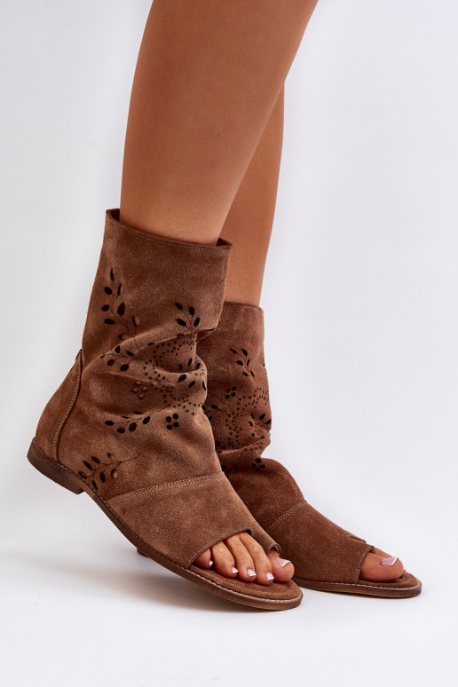 Zazoo 3437 Women's Suede Sandals With Shaft Zipper Brown