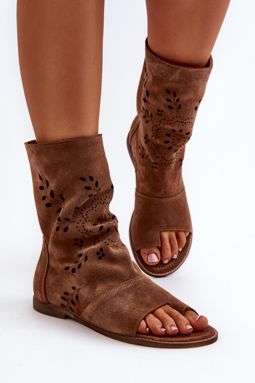 Zazoo 3437 Women's Suede Sandals With Shaft Zipper Brown