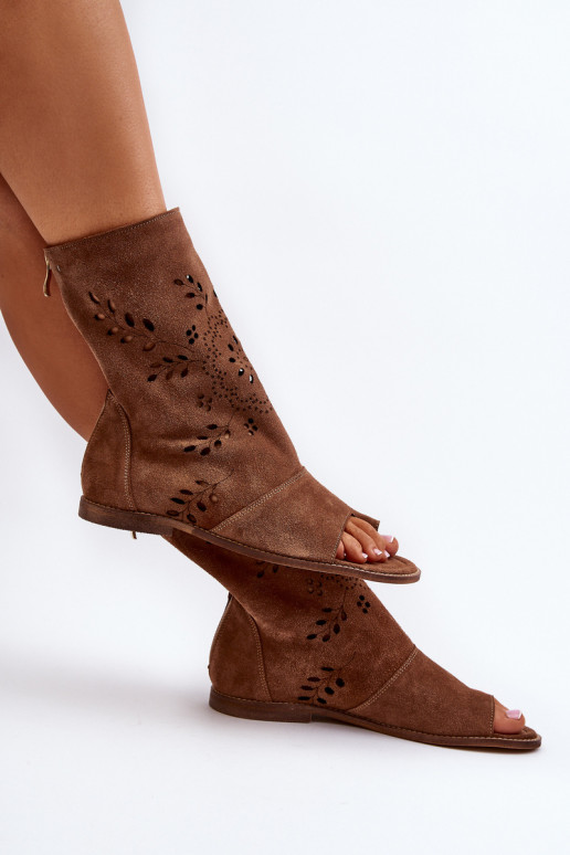 Zazoo 3437 Women's Suede Sandals With Shaft Zipper Brown