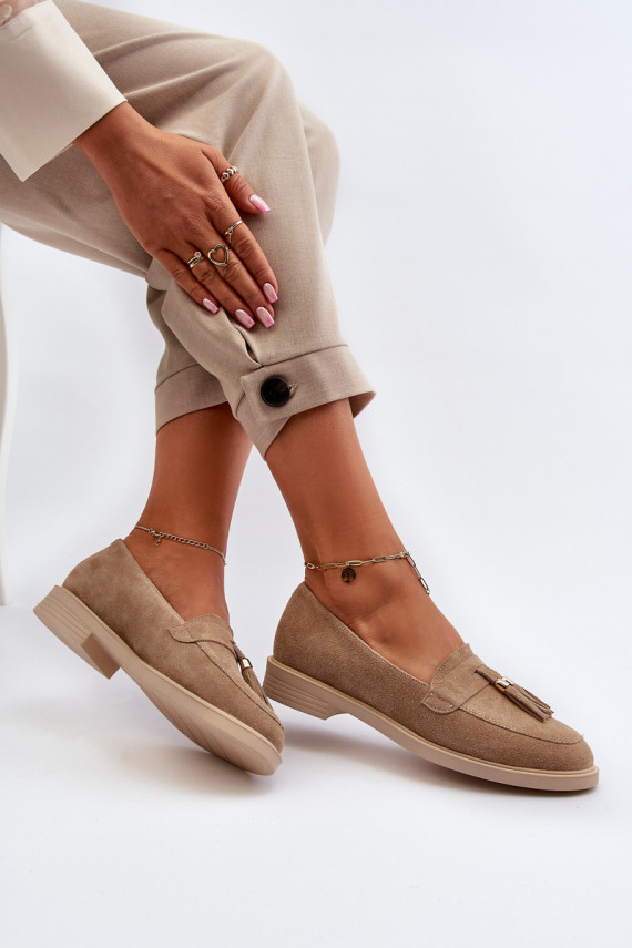 Beige Women's Suede Moccasins With Flat Heel Zazoo 3420