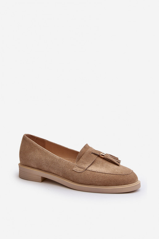 Beige Women's Suede Moccasins With Flat Heel Zazoo 3420