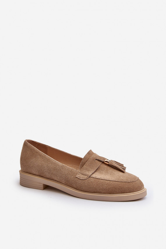 Beige Women's Suede Moccasins With Flat Heel Zazoo 3420