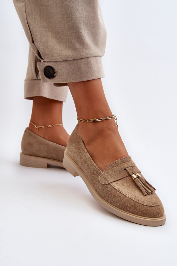 Beige Women's Suede Moccasins With Flat Heel Zazoo 3420
