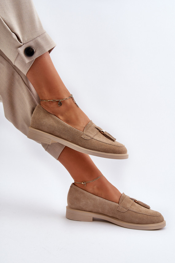 Beige Women's Suede Moccasins With Flat Heel Zazoo 3420