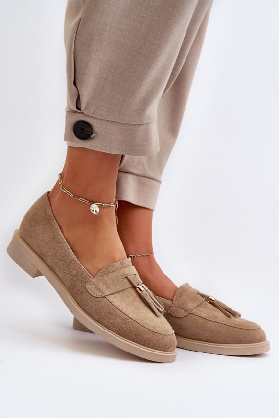 Beige Women's Suede Moccasins With Flat Heel Zazoo 3420
