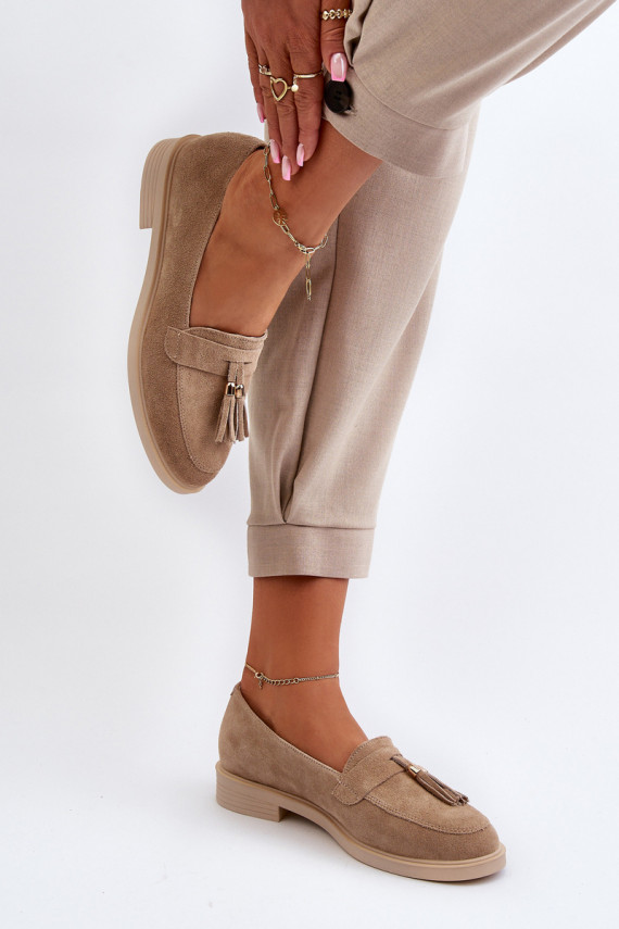 Beige Women's Suede Moccasins With Flat Heel Zazoo 3420