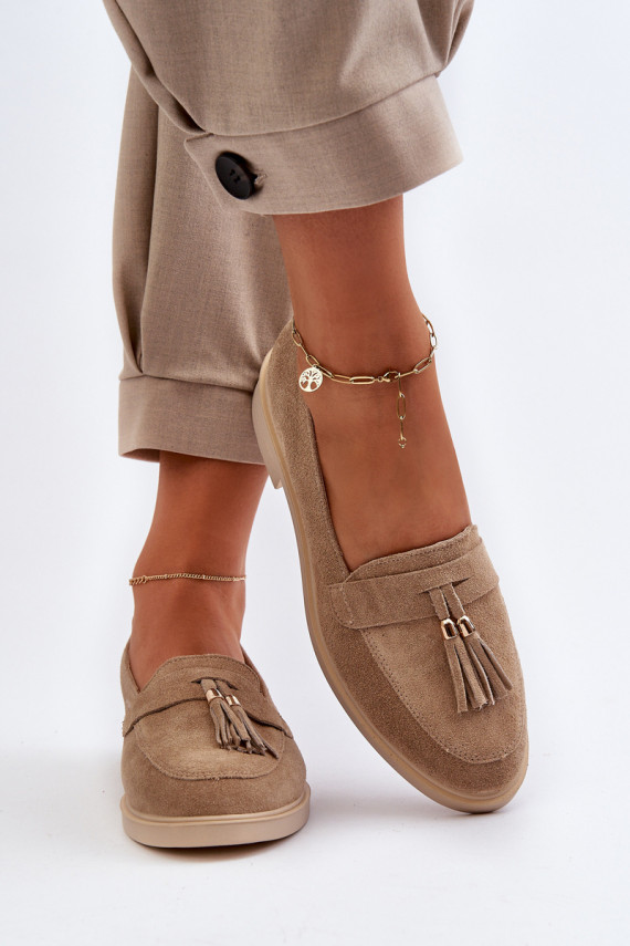 Beige Women's Suede Moccasins With Flat Heel Zazoo 3420