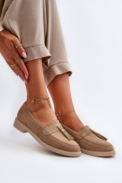 Beige Women's Suede Moccasins With Flat Heel Zazoo 3420