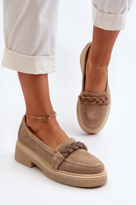 Women's Suede Moccasins with Decoration Beige Zazoo 3429/W
