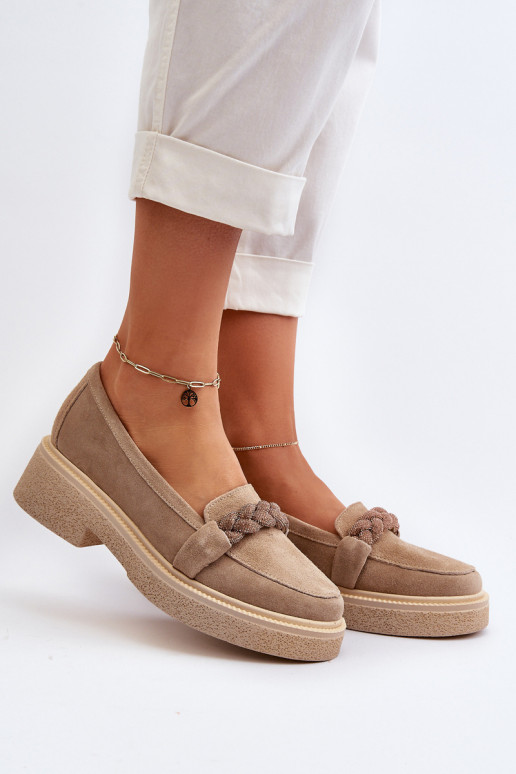 Women's Suede Moccasins with Decoration Beige Zazoo 3429/W