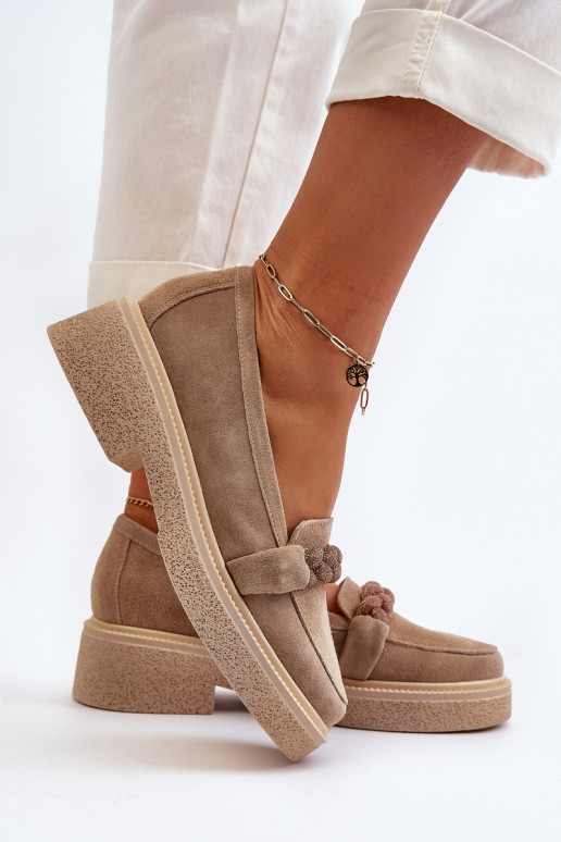 Women's Suede Moccasins with Decoration Beige Zazoo 3429/W