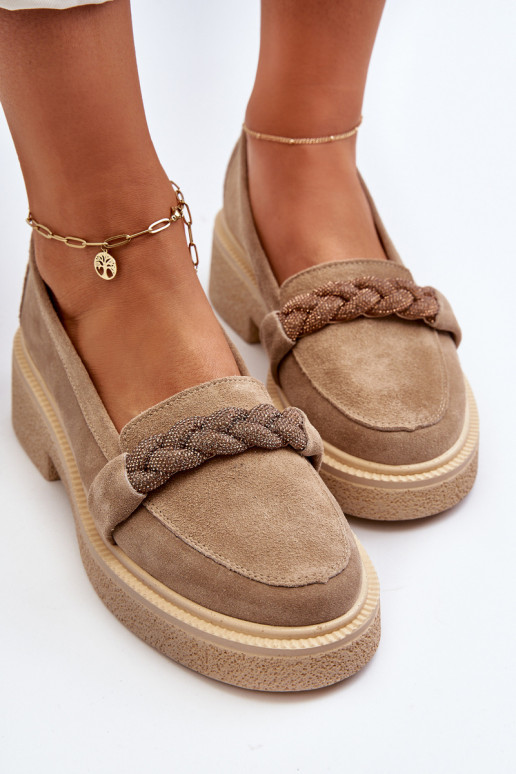 Women's Suede Moccasins with Decoration Beige Zazoo 3429/W