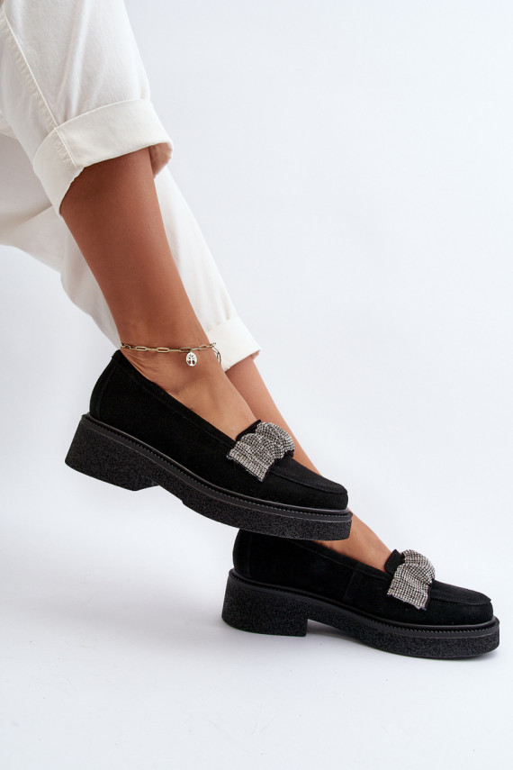 Zazoo 3419 Women's Suede Moccasins with Decorative Strap Black