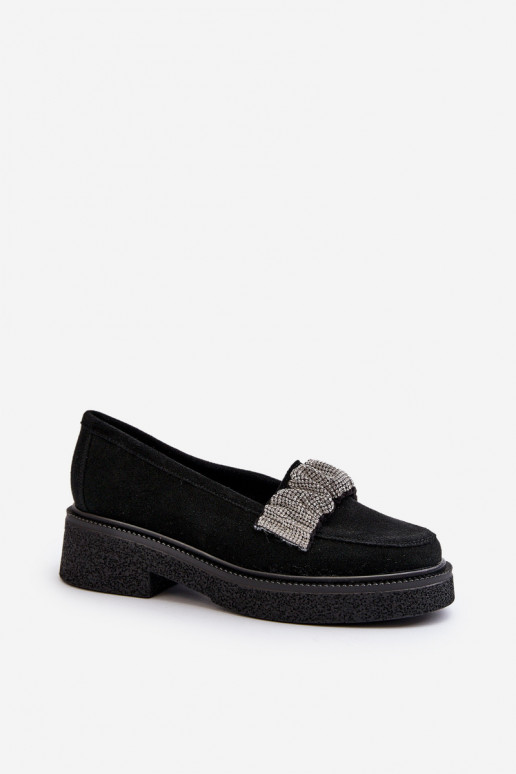 Zazoo 3419 Women's Suede Moccasins with Decorative Strap Black