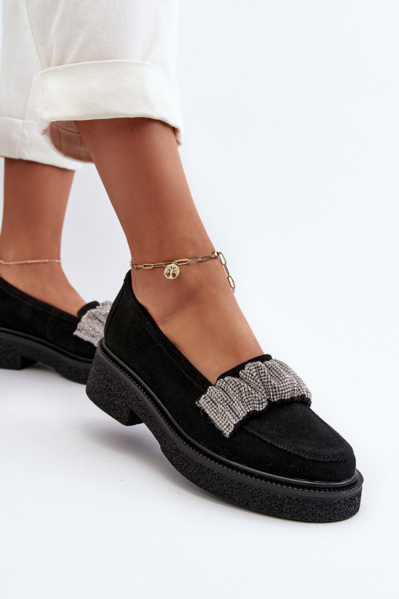 Zazoo 3419 Women's Suede Moccasins with Decorative Strap Black