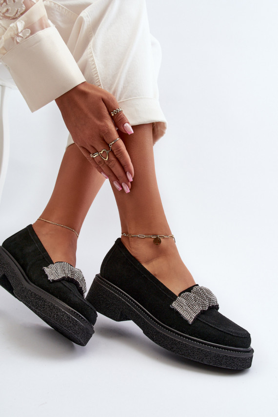 Zazoo 3419 Women's Suede Moccasins with Decorative Strap Black