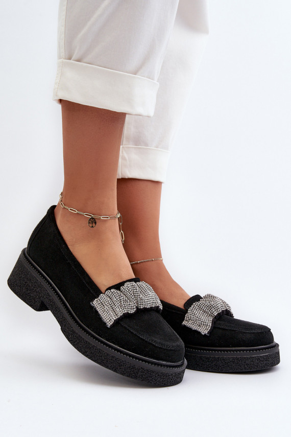 Zazoo 3419 Women's Suede Moccasins with Decorative Strap Black