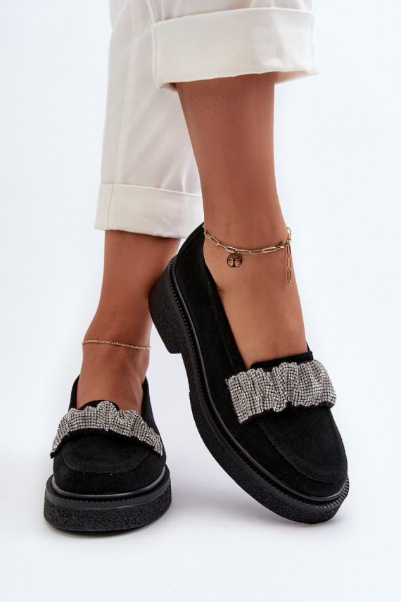 Zazoo 3419 Women's Suede Moccasins with Decorative Strap Black
