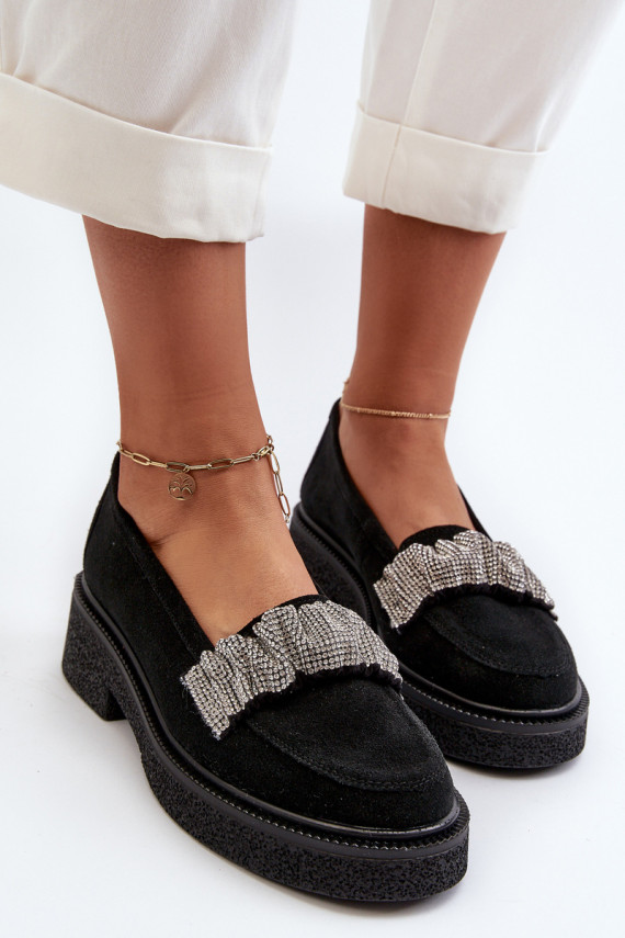 Zazoo 3419 Women's Suede Moccasins with Decorative Strap Black