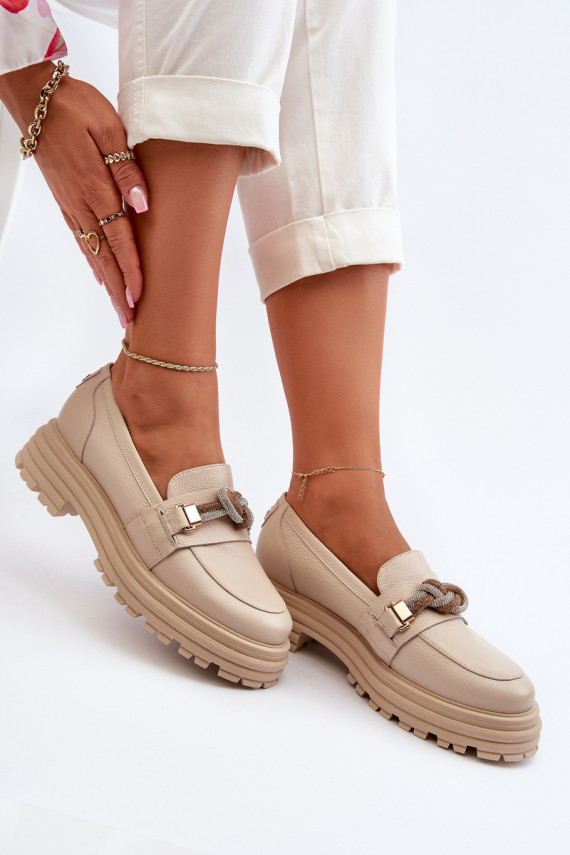 Women's Leather Moccasins with Ornament Laura Messi 2780 Beige