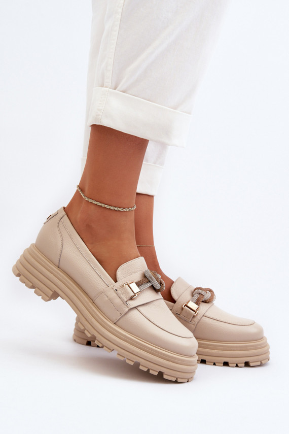 Women's Leather Moccasins with Ornament Laura Messi 2780 Beige