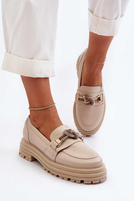 Women's Leather Moccasins with Ornament Laura Messi 2780 Beige