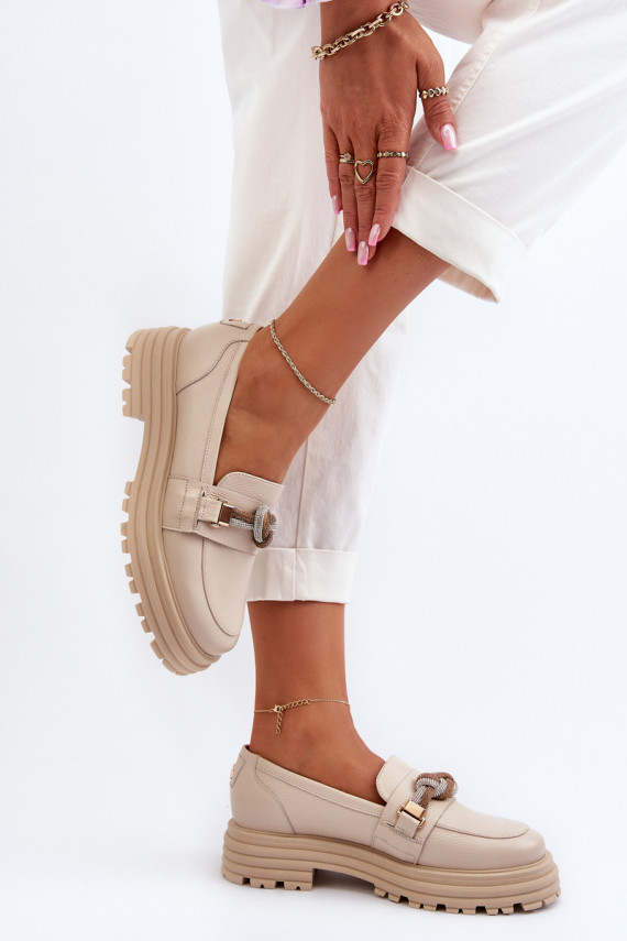 Women's Leather Moccasins with Ornament Laura Messi 2780 Beige