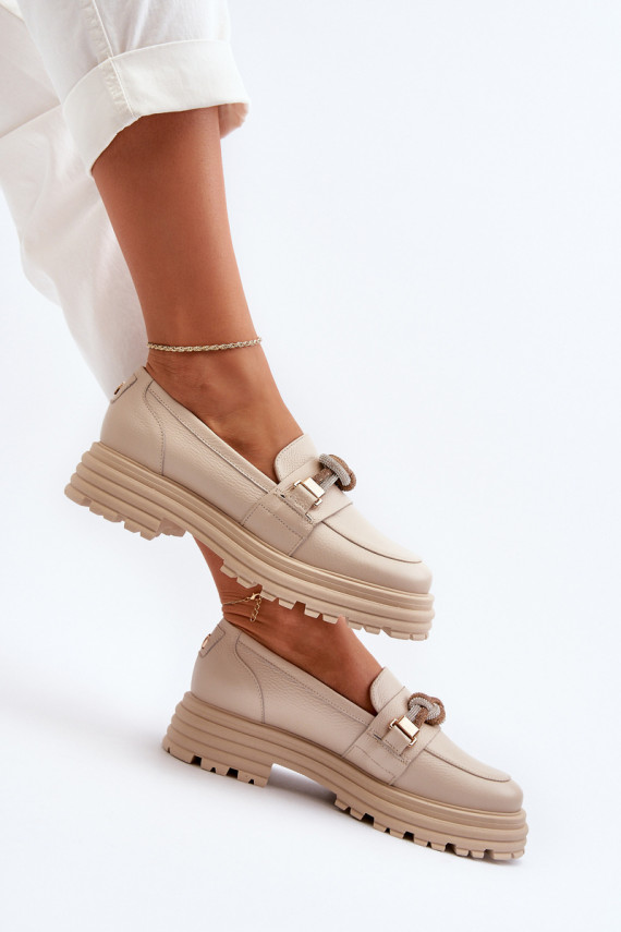 Women's Leather Moccasins with Ornament Laura Messi 2780 Beige
