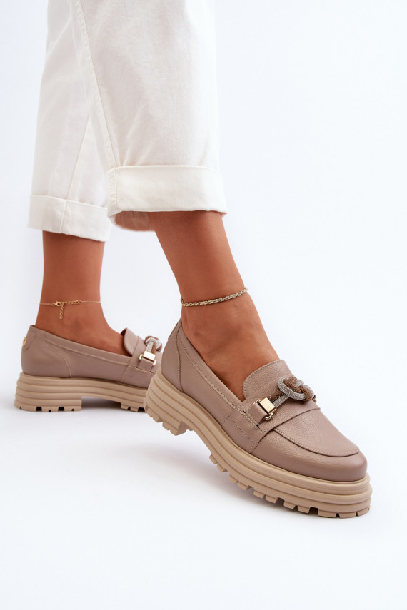 Women's Leather Moccasins with Decoration Laura Messi 2780 Dark Beige