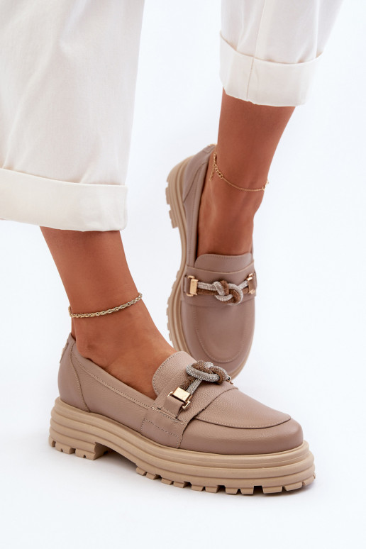 Women's Leather Moccasins with Decoration Laura Messi 2780 Dark Beige