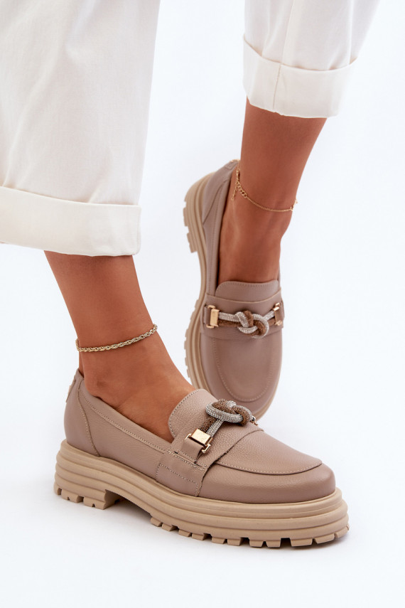 Women's Leather Moccasins with Decoration Laura Messi 2780 Dark Beige
