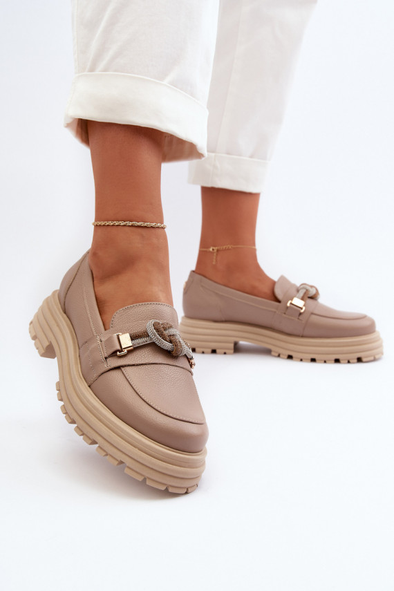 Women's Leather Moccasins with Decoration Laura Messi 2780 Dark Beige