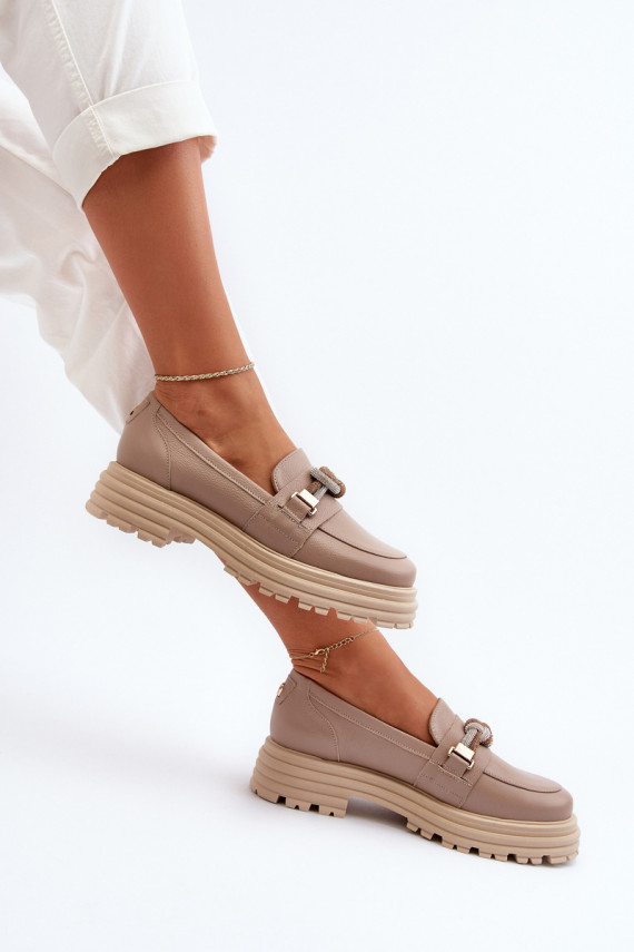 Women's Leather Moccasins with Decoration Laura Messi 2780 Dark Beige