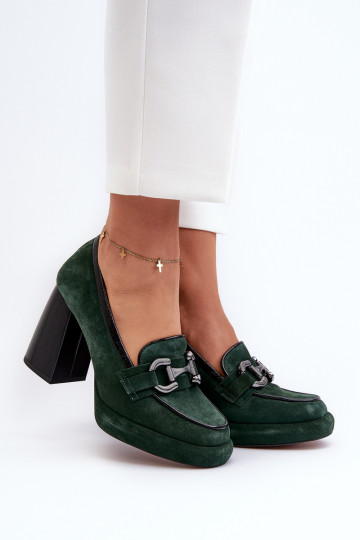 Leather Pumps on Chunky Heel Laura Messi 2706 Dark Green 2