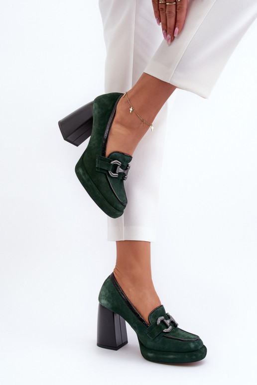 Leather Pumps on Chunky Heel Laura Messi 2706 Dark Green