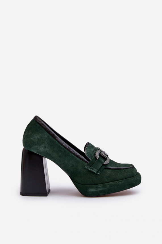 Leather Pumps on Chunky Heel Laura Messi 2706 Dark Green