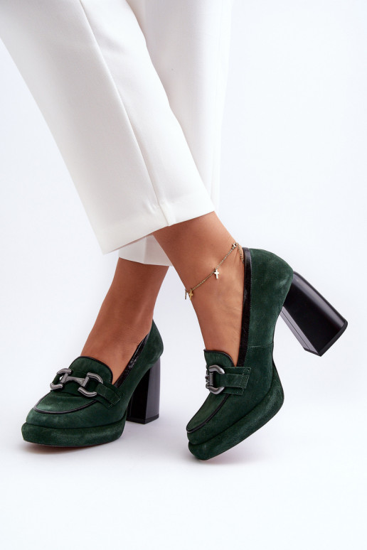Leather Pumps on Chunky Heel Laura Messi 2706 Dark Green