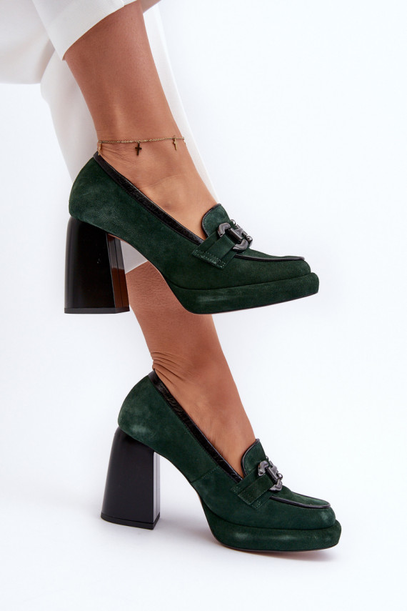 Leather Pumps on Chunky Heel Laura Messi 2706 Dark Green