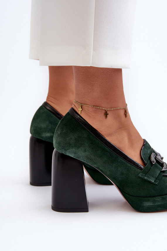 Leather Pumps on Chunky Heel Laura Messi 2706 Dark Green