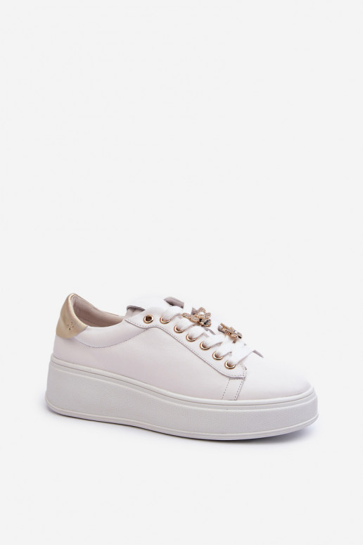 Women's Leather Platform Sneakers with Decorative Buttons D&A SN67 White