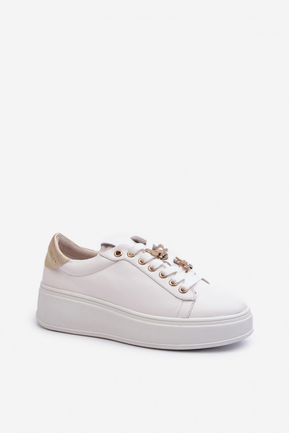 Women's Leather Platform Sneakers with Decorative Buttons D&A SN67 White