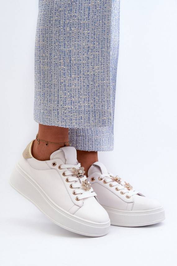 Women's Leather Platform Sneakers with Decorative Buttons D&A SN67 White
