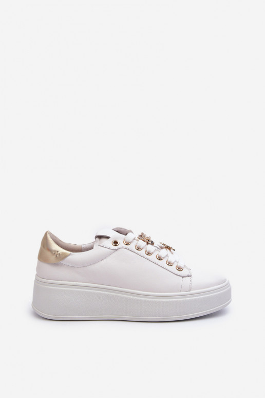 Women's Leather Platform Sneakers with Decorative Buttons D&A SN67 White