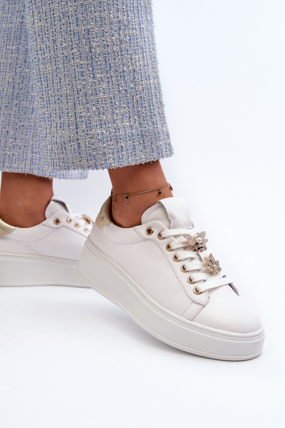Women's Leather Platform Sneakers with Decorative Buttons D&A SN67 White