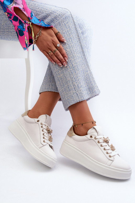 Women's Leather Platform Sneakers with Decorative Buttons D&A SN67 White